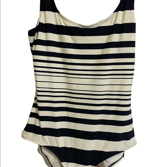 DKNY one piece swimsuit. Striped cream and blue colors. Size 12. Open back low. - Picture 2 of 6
